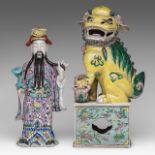 A Chinese famille verte Buddhist lion and cub, Republic period, H 42 cm - added a famille rose ename