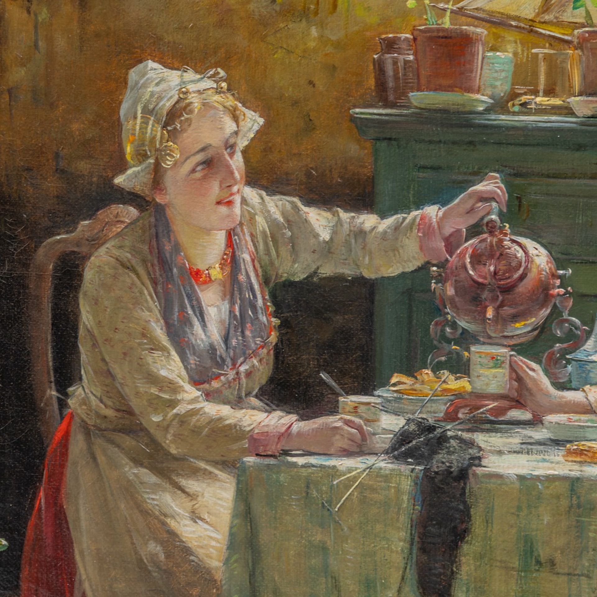 Edward Portielje (1861-1949), tea time, oil on canvas 50 x 70 cm. (19.6 x 27.5 in.), Frame: 81 x 94 - Image 5 of 6