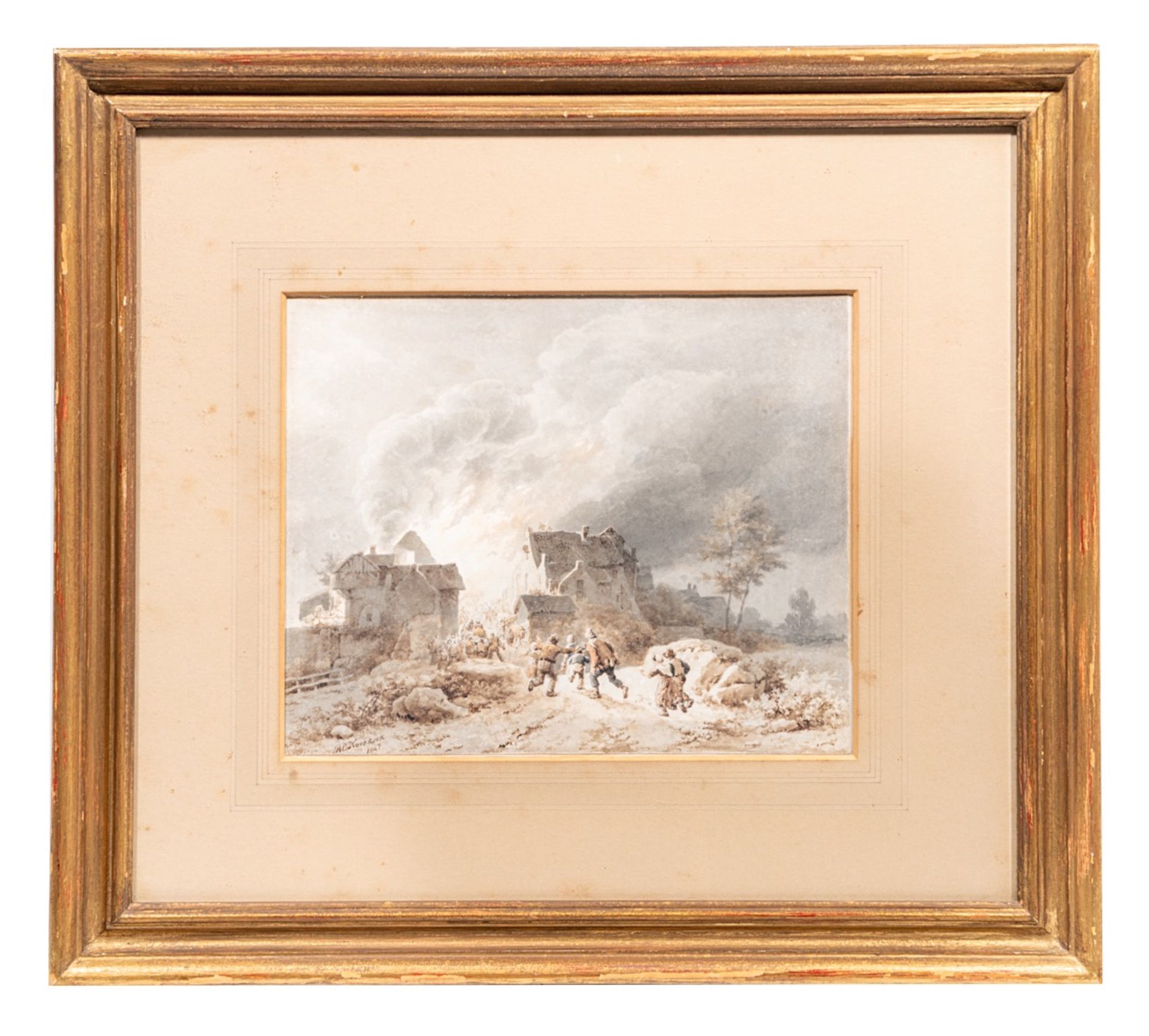 Barend Cornelis Koekoek (1803-1862), a rural village shocked by a fire, 1847, watercolour and pencil - Image 2 of 6