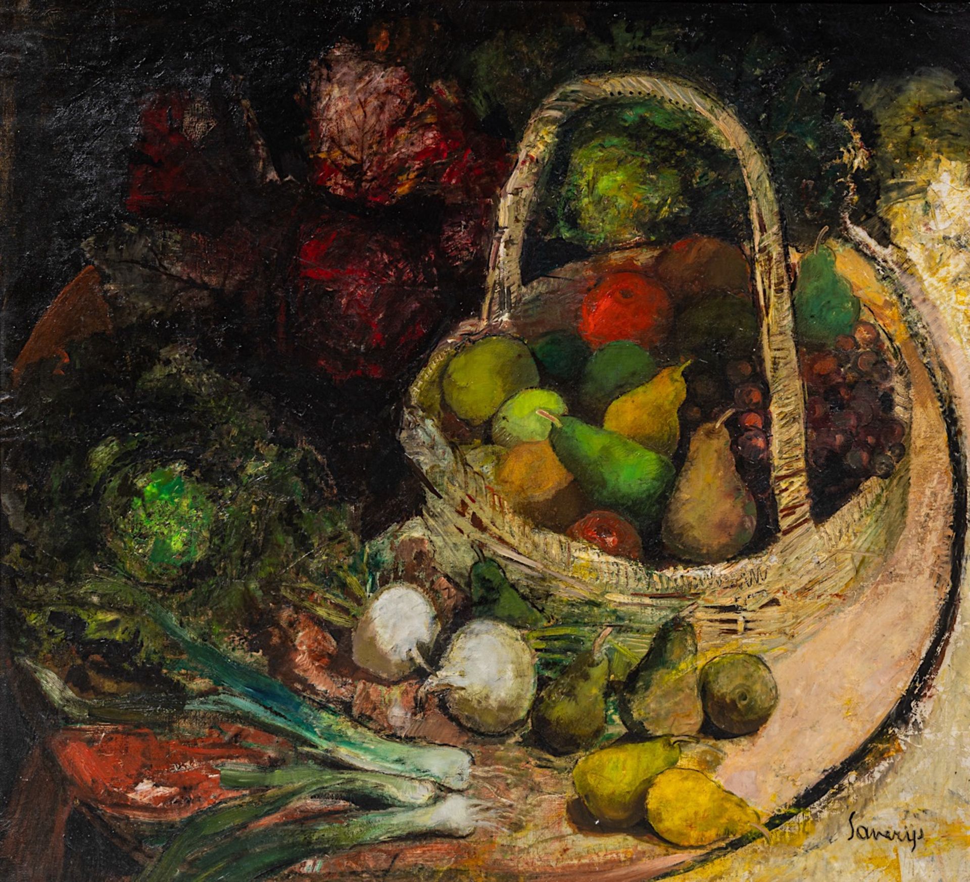 Albert Saverys (1886-1964), still life with a fruit basket, oil on canvas 100 x 110 cm. (39.3 x 43.3