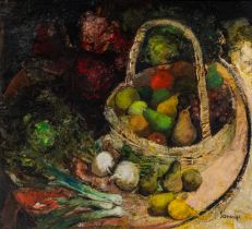 Albert Saverys (1886-1964), still life with a fruit basket, oil on canvas 100 x 110 cm. (39.3 x 43.3