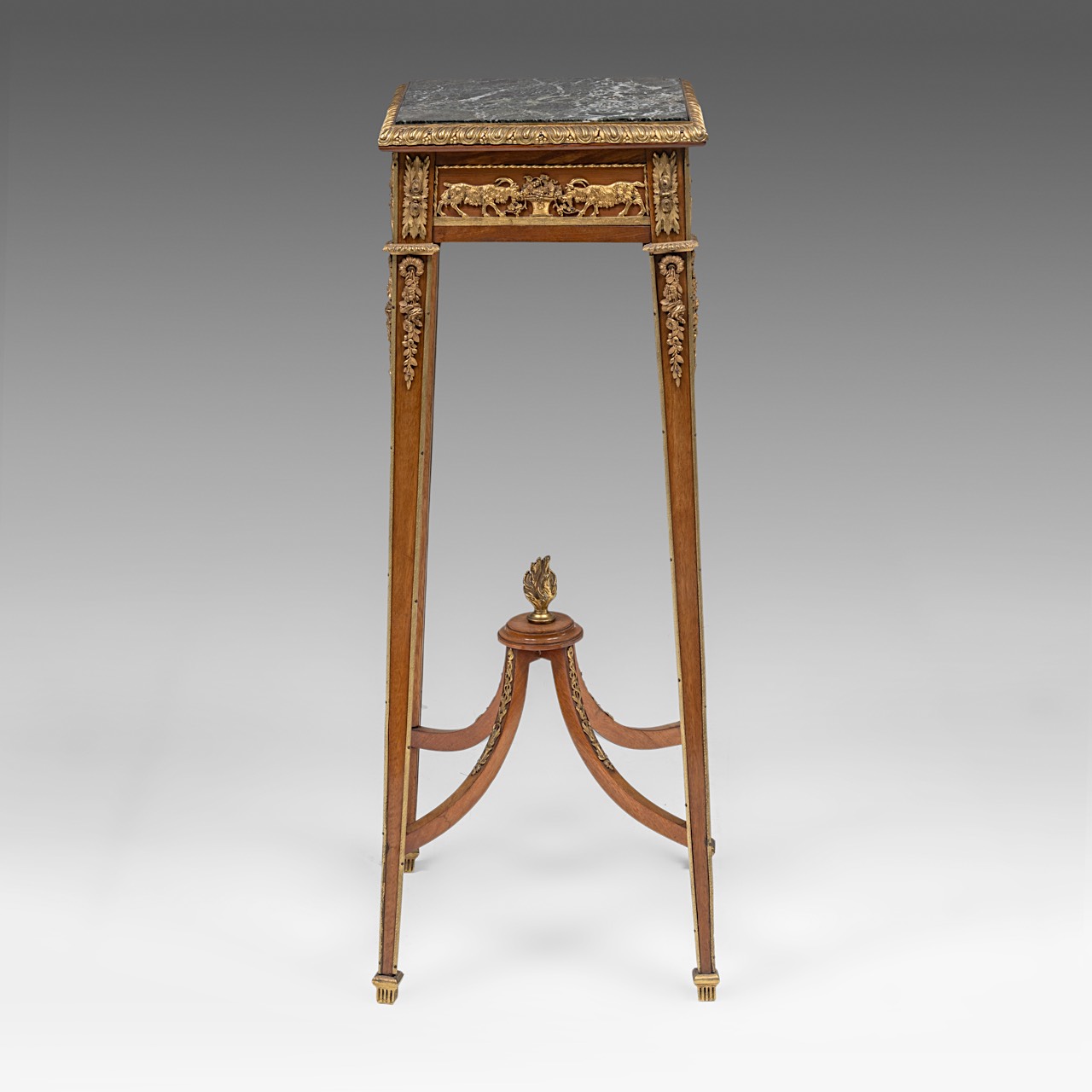 A walnut marble-topped Louis XVI-style side table with gilt bronze mounts, H 87,5 cm - W 30 cm - D 3 - Image 4 of 7