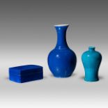 A small collection of three monochrome blue glazed porcelain ware, Qianlong period and late Qing, Ta