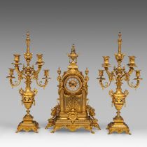 A Napoleon III gilt bronze three-piece mantle clock set, H 70 - 80 cm
