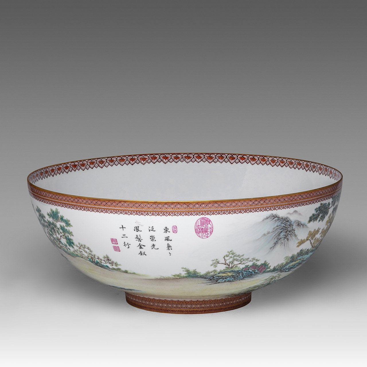 A rare and large Chinese famille rose 'Beauties in a Garden' eggshell punch bowl, with a Yongzheng m - Image 3 of 9