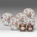 A series of five Chinese famille rose 'Peony' dishes, 18thC, dia 22 cm - added two cafe-au-lait and