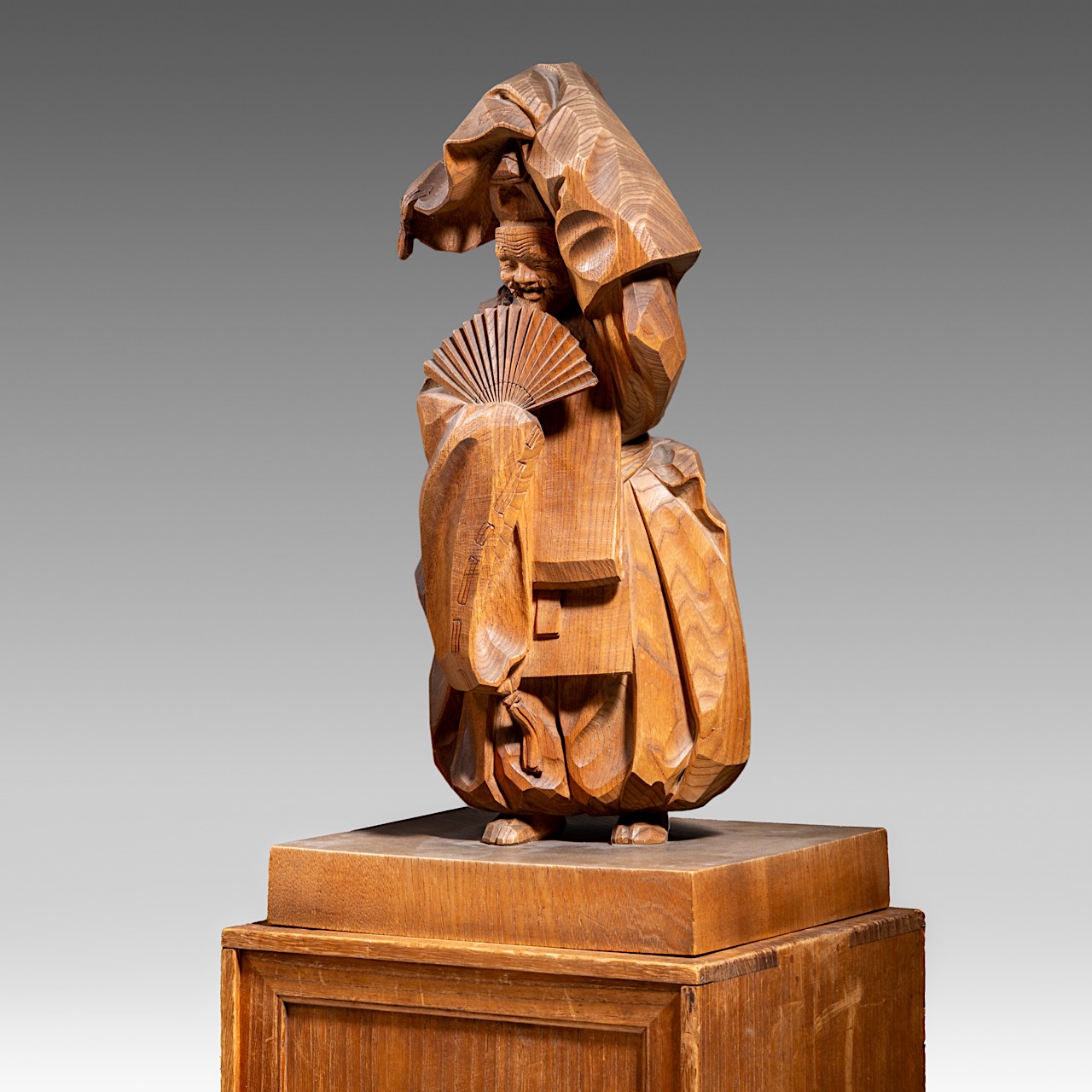 A Japanese cherrywood sculpture of a dancing man, signed Toshiaki Shimamura, total H 47 - 25,5 x 23 - Image 2 of 10