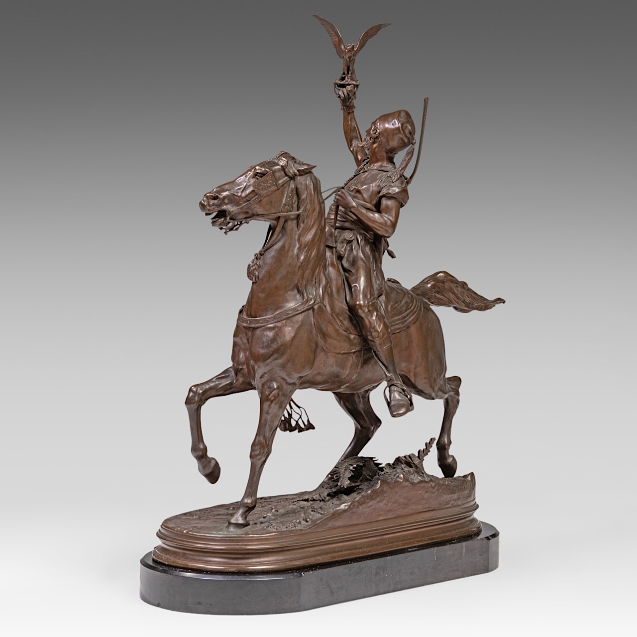 Pierre-Jules Mene (1810-1879), the falconer, patinated bronze on a black marble base, casted by Barb - Image 5 of 11