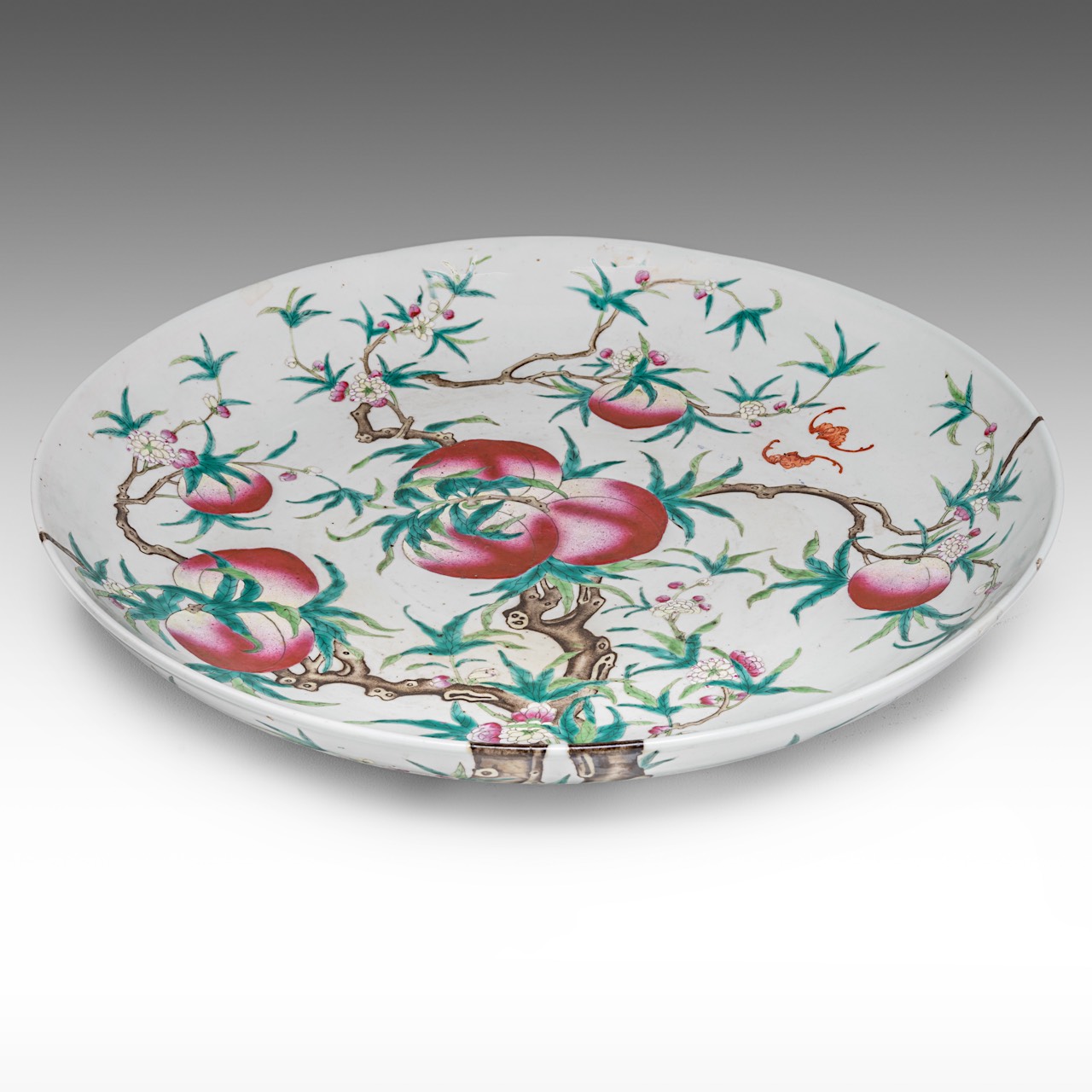 A large Chinese 'Nine Peaches' plate, with a Qianlong mark, Guangxu period, dia 47 cm - Image 4 of 5