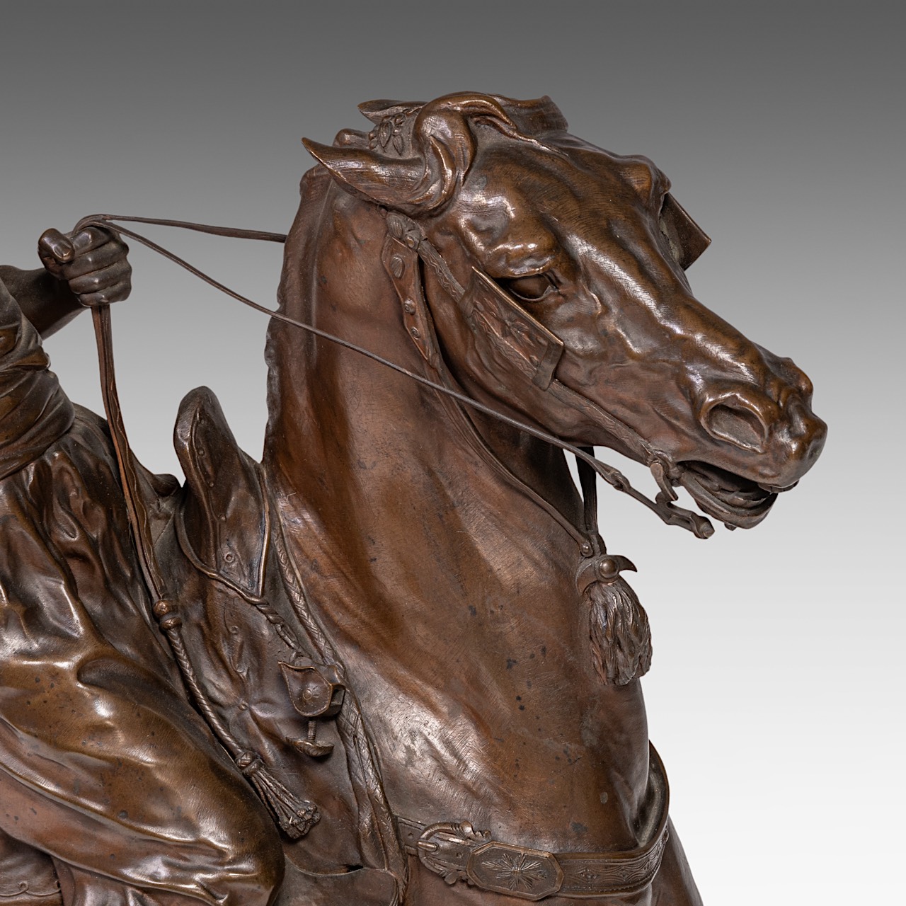 Pierre-Jules Mene (1810-1879), the falconer, patinated bronze on a black marble base, casted by Barb - Image 11 of 11