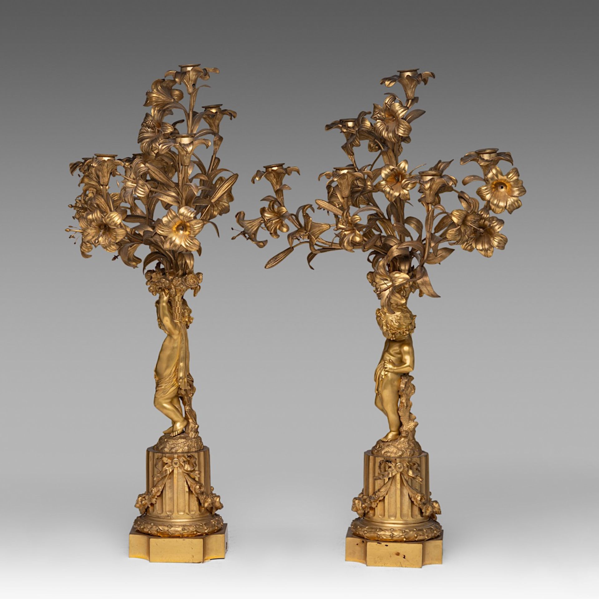 A pair of Napoleon III gilt bronze candelabras, H 70 cm - Bild 2 aus 5