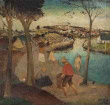 Albert Claeys (1889-1967), bathers in the Lys, oil on canvas 90 x 95 cm. (35.4 x 37.4 in.), Frame: 1