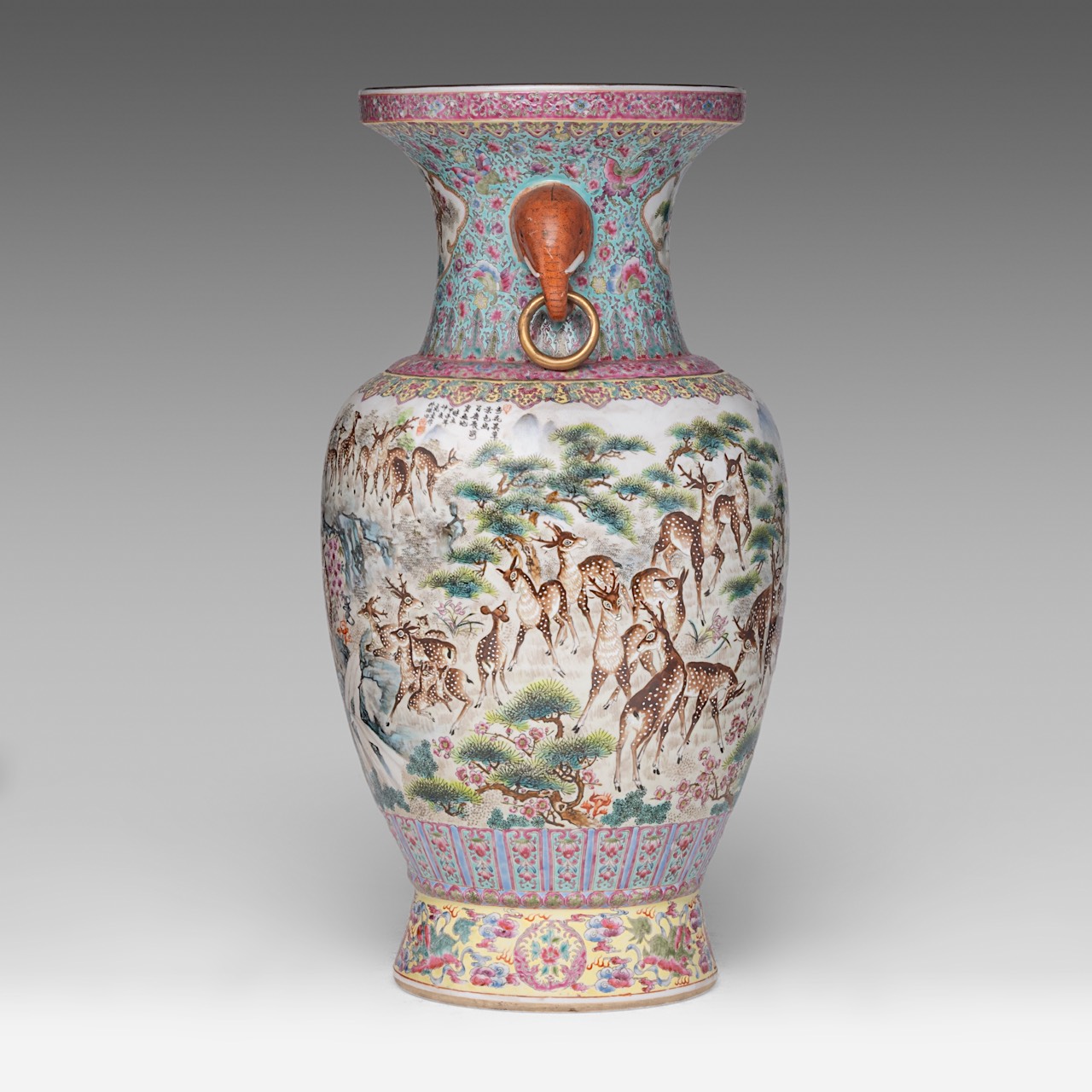 A Chinese famille rose 'One Hundred Deer' vase, paired with elephant-head handles, with a signed tex - Image 4 of 11