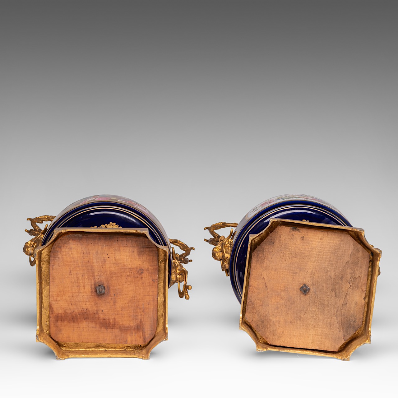 A pair of blue royale ground Sevres vases with hand-painted gallant scenes and gilt bronze mounts, H - Image 8 of 12