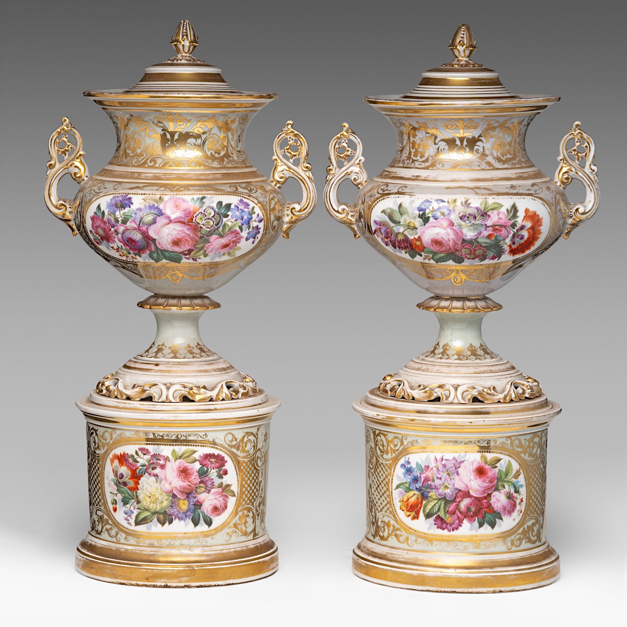 A large pair of Napoleon III gilt and polychrome porcelain vases and covers on stands, late 19thC, H - Image 3 of 4