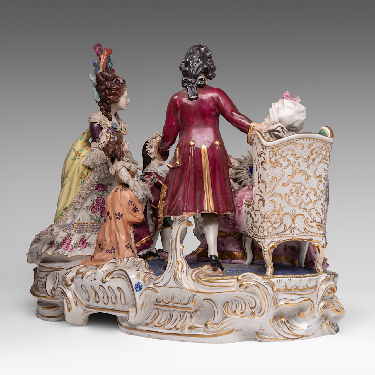A large Saxony polychrome porcelain group depicting a gallant scene in a Rococo setting, H 40 - W 55 - Image 5 of 15