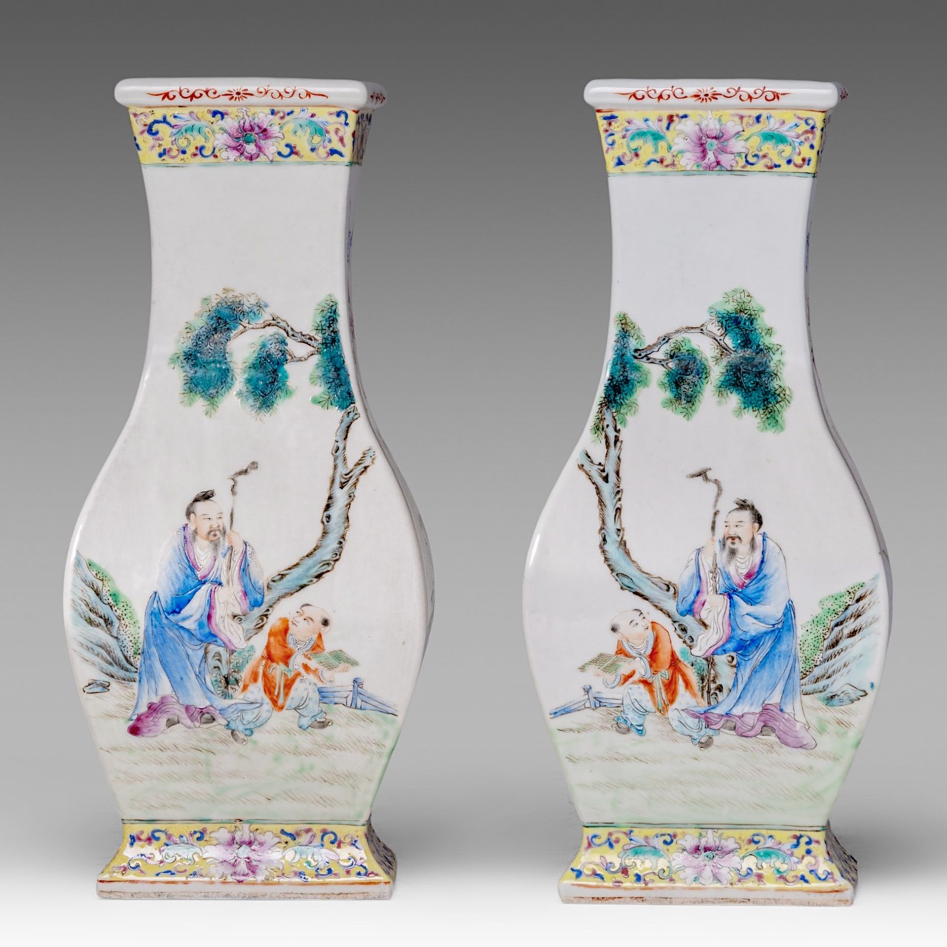A pair of Chinese famille rose 'Scholar and Pupil boy' fanghu vases, with a Qianlong mark, Republic - Image 3 of 6