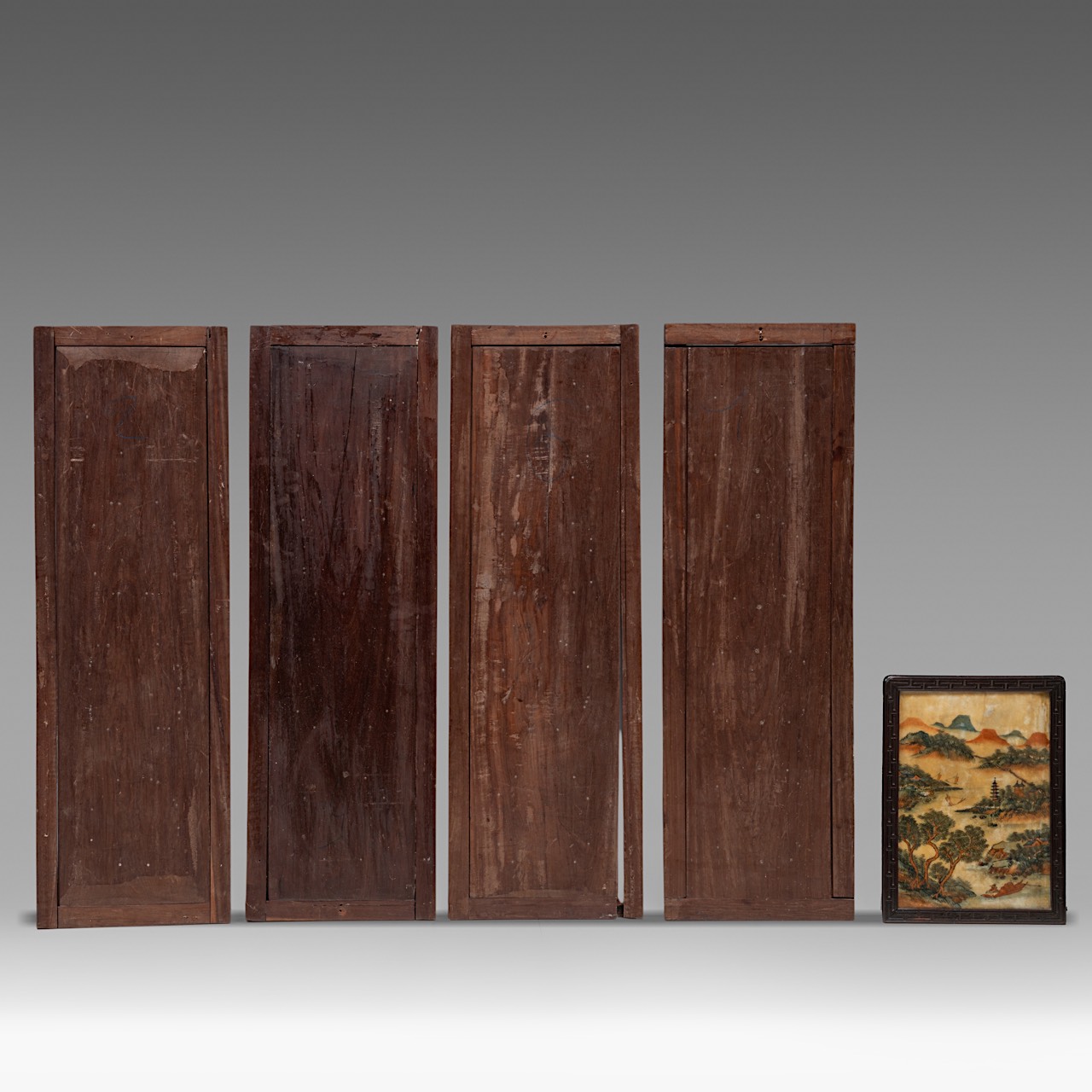 A set of four Chinese hardwood panels with dream stones, signed, 100 x 32 cm (each frame) - added a - Image 2 of 8