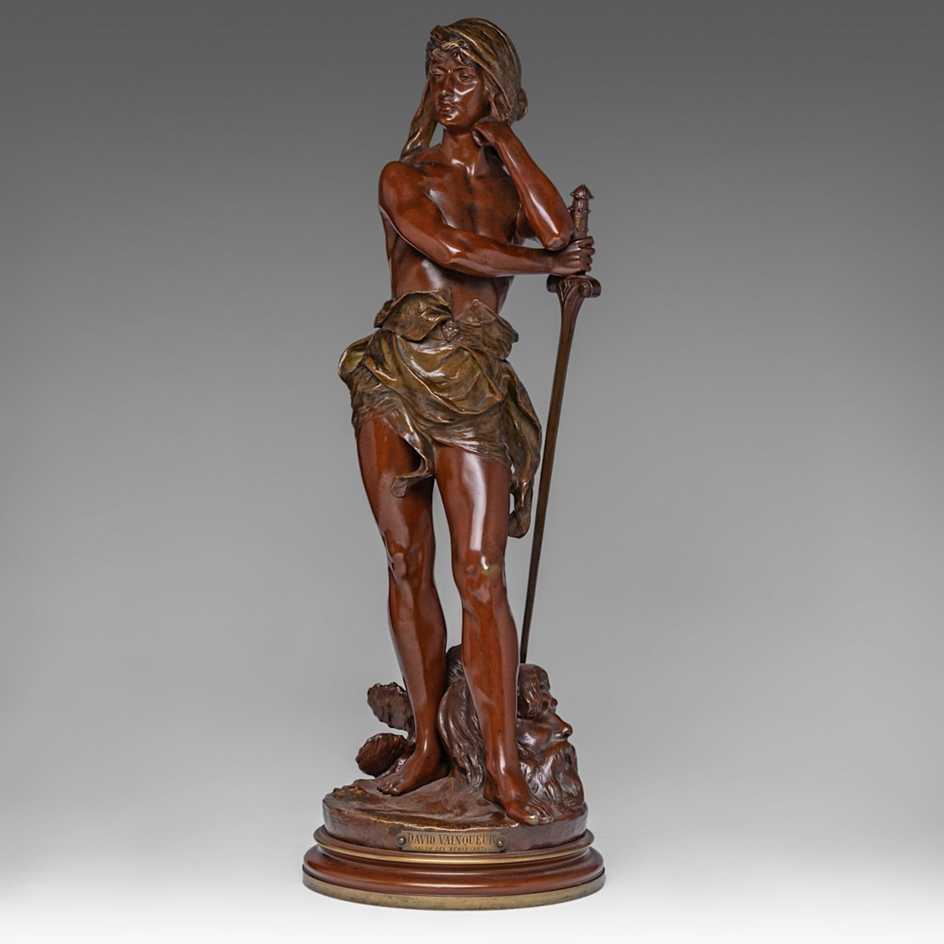 Henri Honore Ple (1853-1922), 'David Vainqueur', patinated bronze, H 61 cm