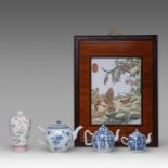 A small collection of Chinese porcelain ware, including a signed/ marked porcelain plaque, 18thC and