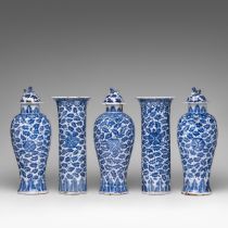 A complete set of Chinese blue and white floral decorated five-piece garniture vases, 19thC, H 30 (b
