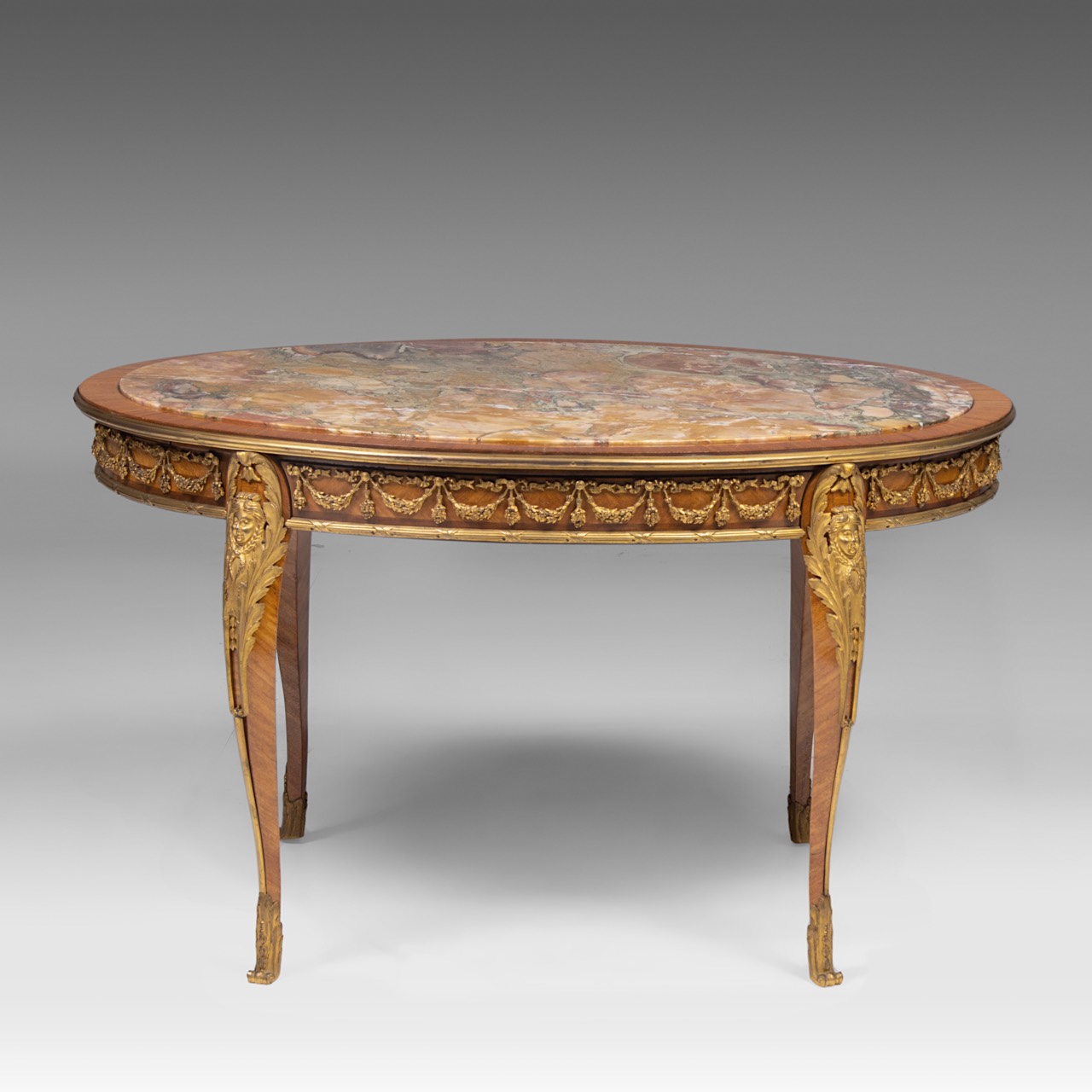 A mahogany marble-topped transitional-style side table with gilt bronze mounts, H 58 cm - W 100 cm - - Image 4 of 7