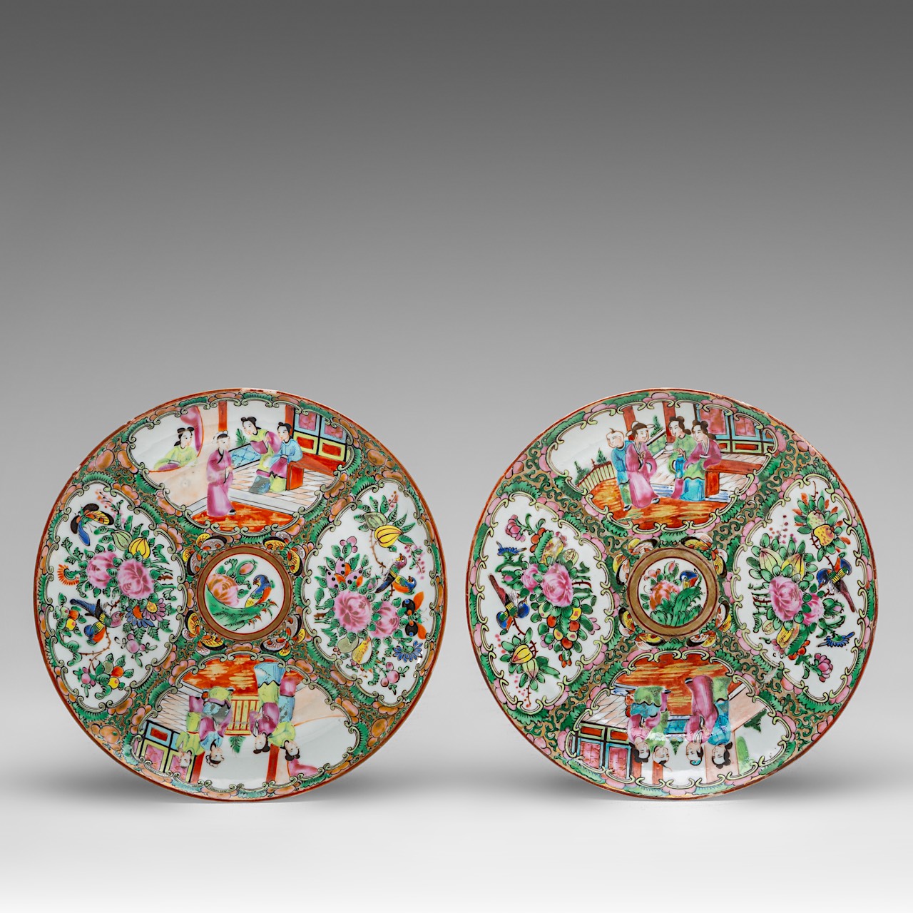 Eight Chinese Canton rose mandarin and rose medallion dishes, 19thC, dia 20 cm - added a famille noi - Image 7 of 16