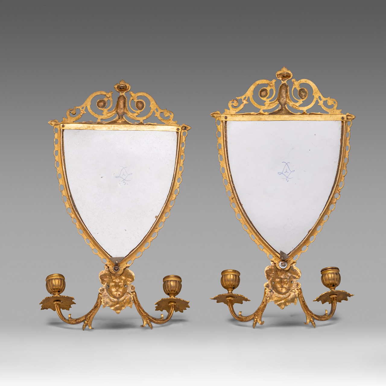 A pair of Louis XVI style Sevres porcelain and gilt bronze wall appliques, H 42 cm - Image 2 of 6