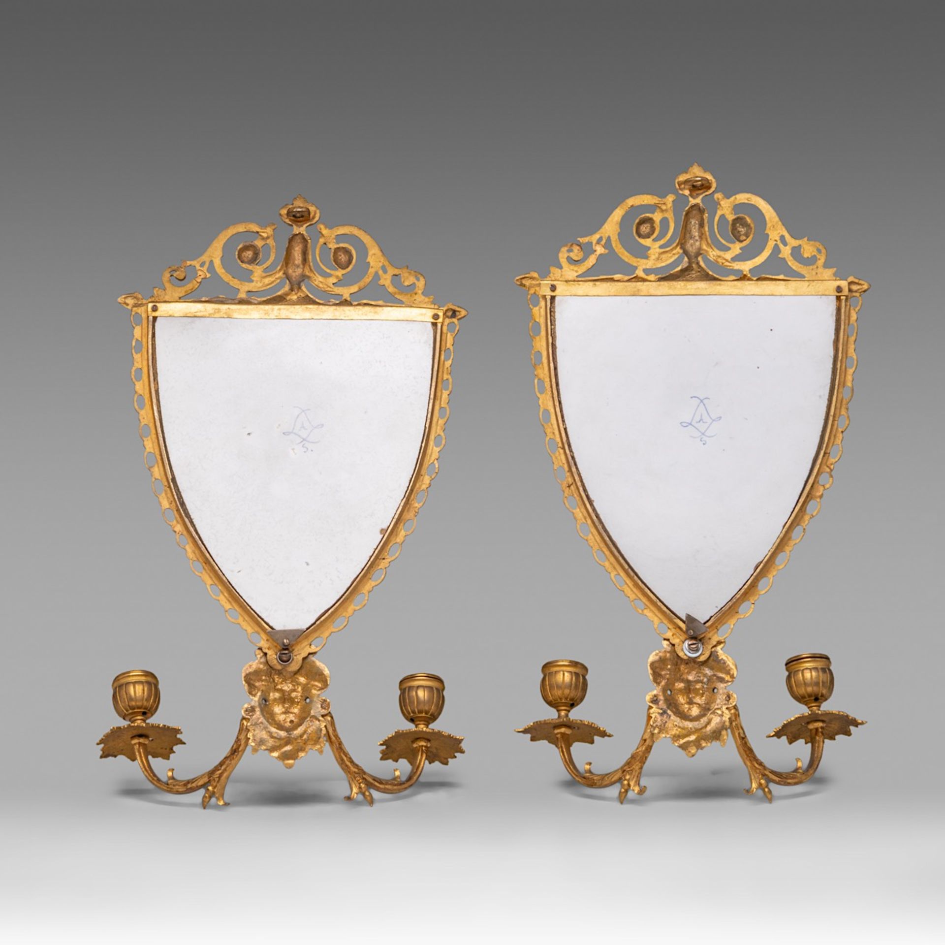 A pair of Louis XVI style Sevres porcelain and gilt bronze wall appliques, H 42 cm - Image 2 of 6