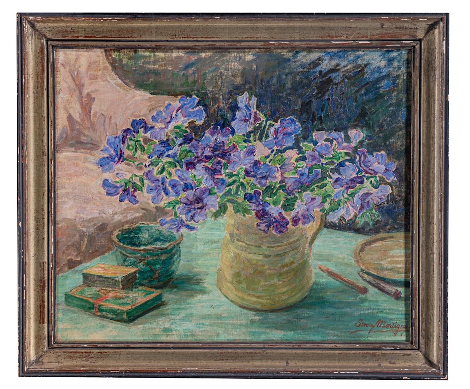 Jenny Montigny (1875-1937), flower still life, oil on canvas 38 x 47 cm. (14.9 x 18 1/2 in.), Frame: - Image 2 of 4