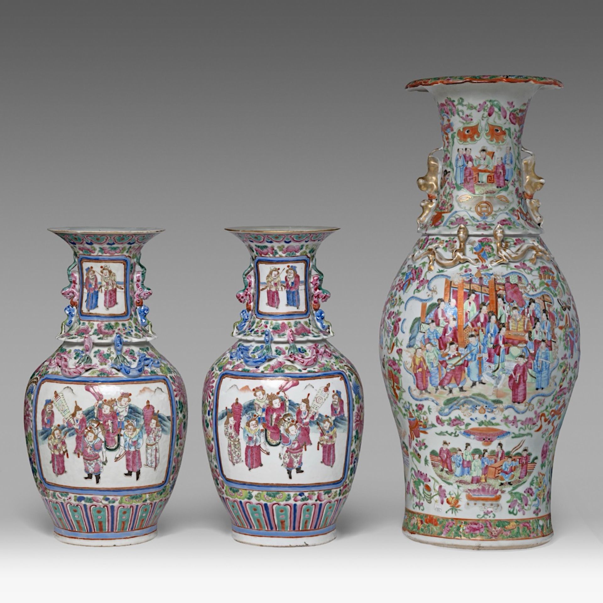 A pair of Chinese famille rose 'Romance of the Three Kingdoms' vases, late 19thC, H 43 cm - added a