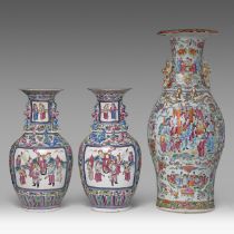 A pair of Chinese famille rose 'Romance of the Three Kingdoms' vases, late 19thC, H 43 cm - added a