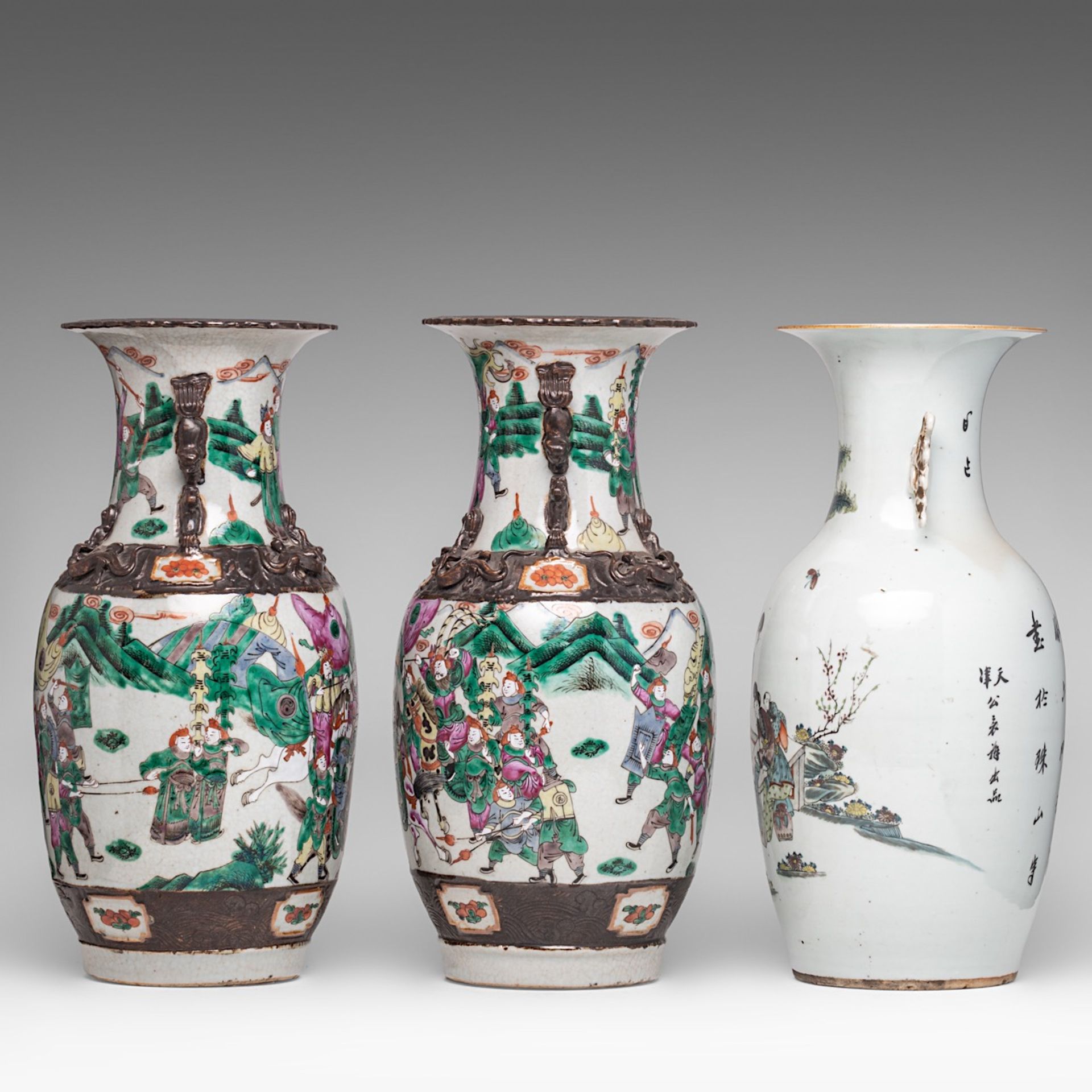 A pair of Chinese famille rose Nanking stoneware vases, 19thC, H 43,5 cm - and a famille rose 'Beaut - Image 2 of 13