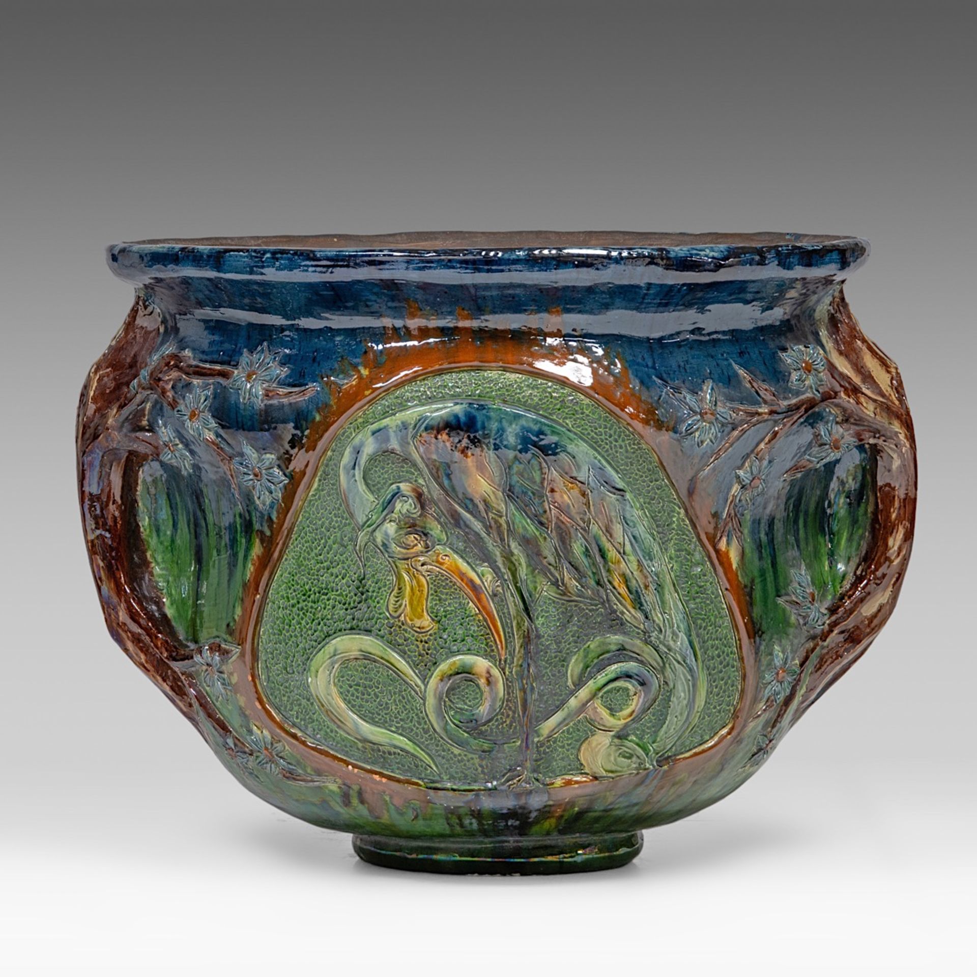 An imposing Art Nouveau polychrome earthenware cachepot on stand by the Caesens pottery manufactory, - Image 7 of 19