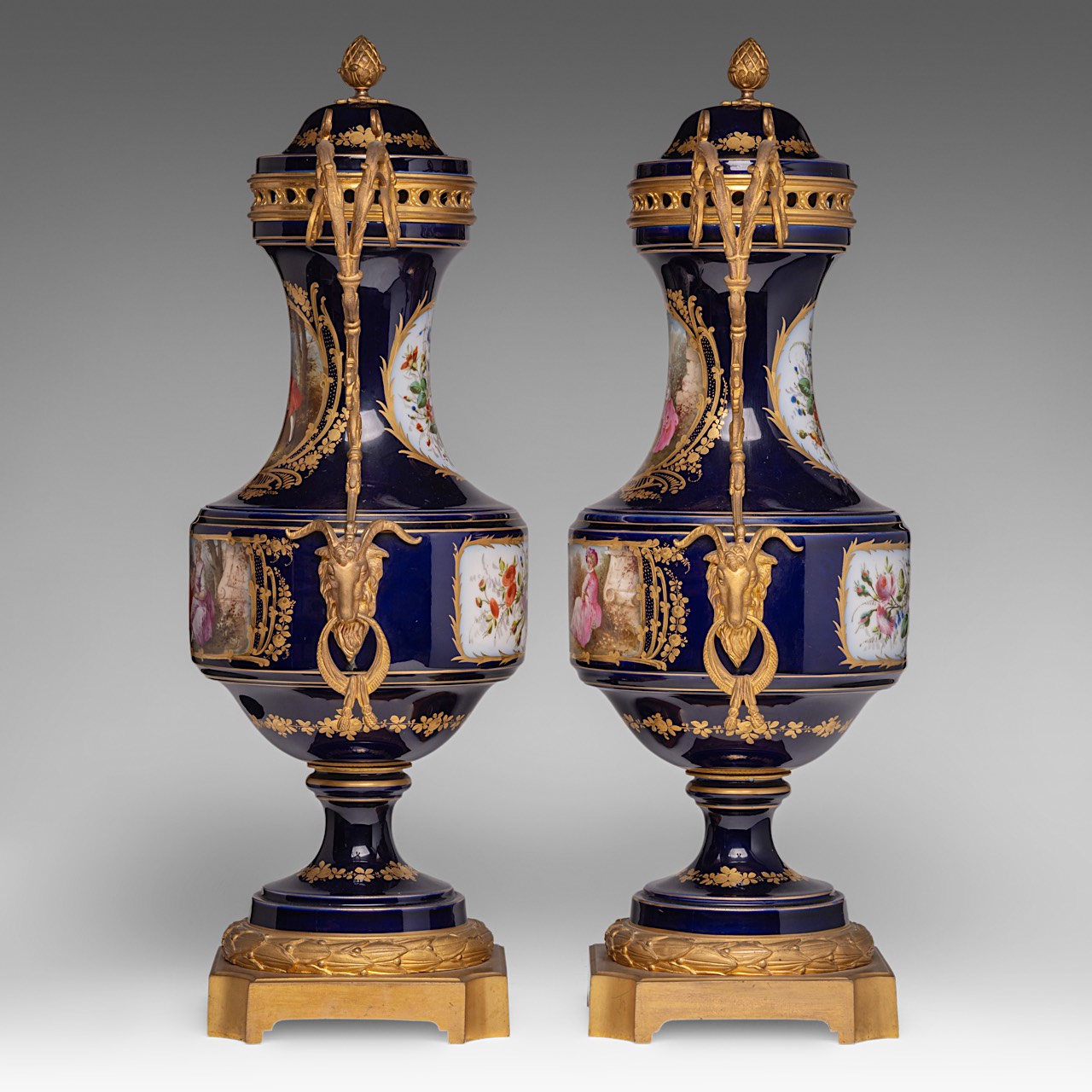 A pair of blue royale ground Sevres vases with hand-painted gallant scenes and gilt bronze mounts, H - Image 2 of 12