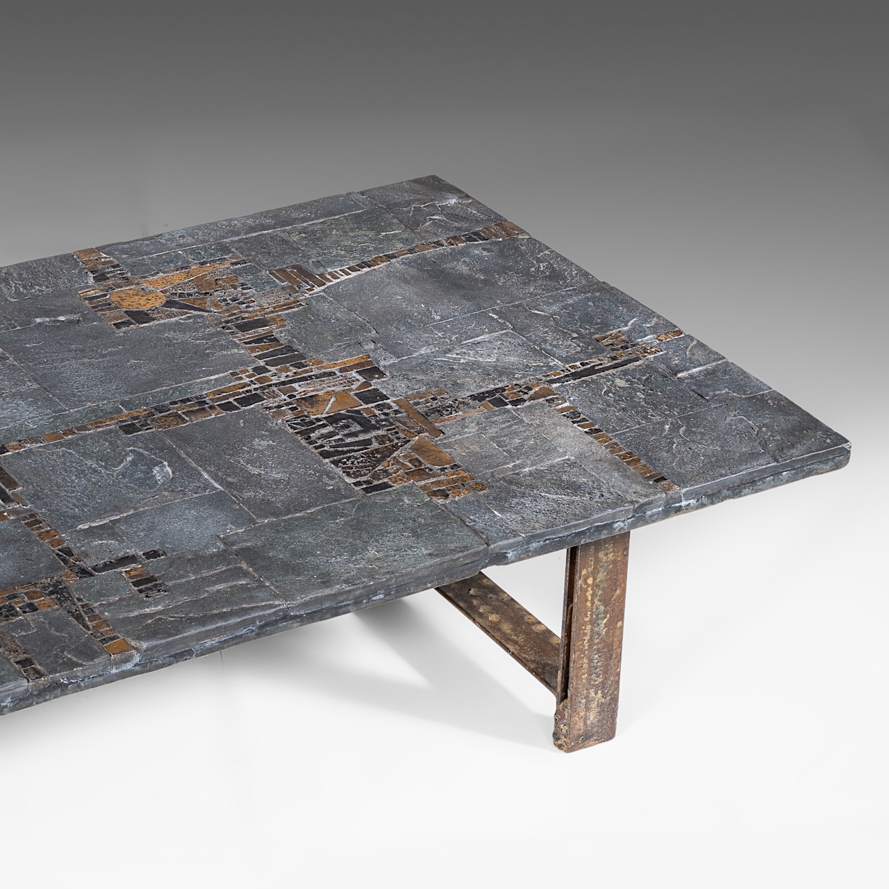 A vintage '60s Pia Manu coffee table, slate stone and gilt-glazed ceramic table top on a steel frame - Image 13 of 16