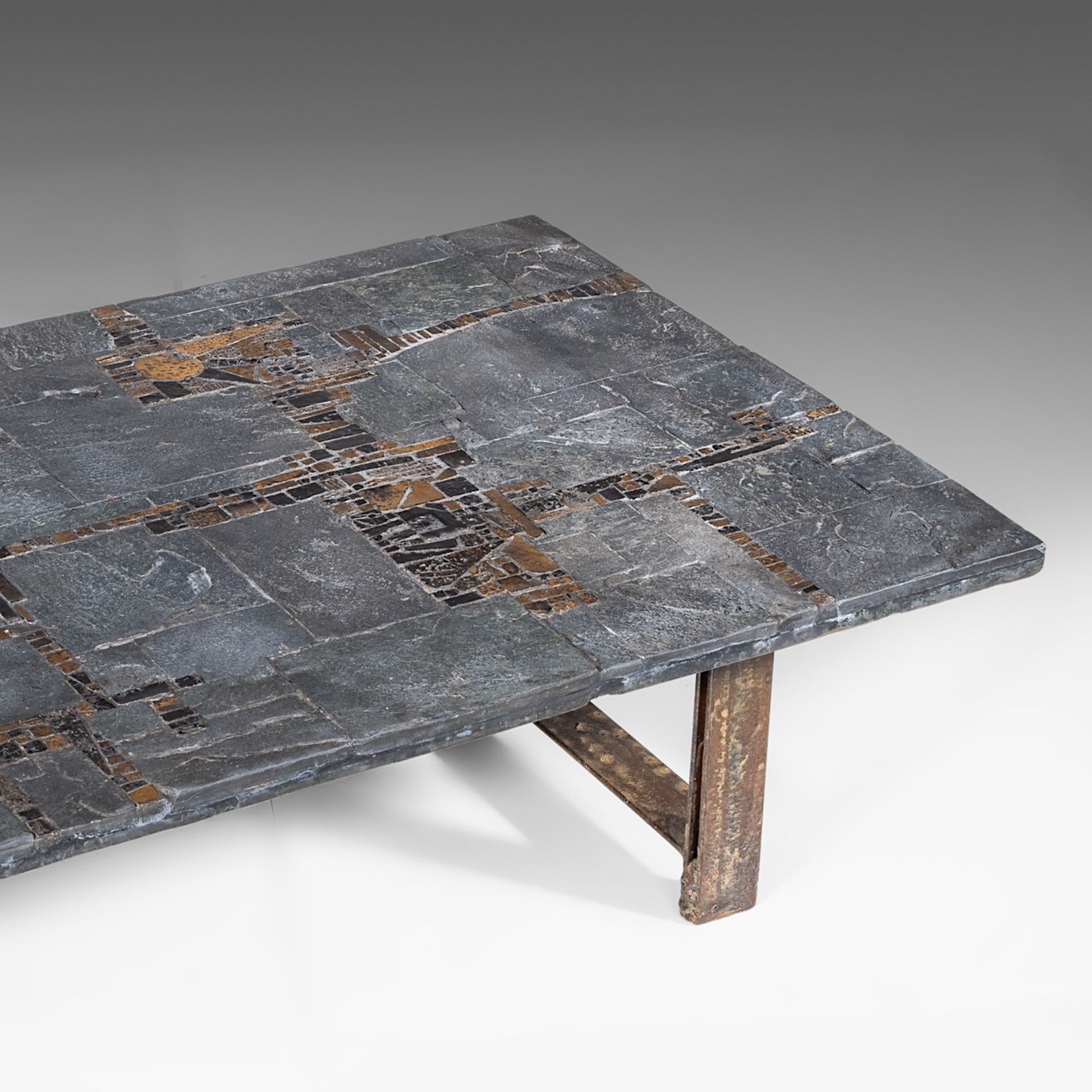 A vintage '60s Pia Manu coffee table, slate stone and gilt-glazed ceramic table top on a steel frame - Bild 13 aus 16