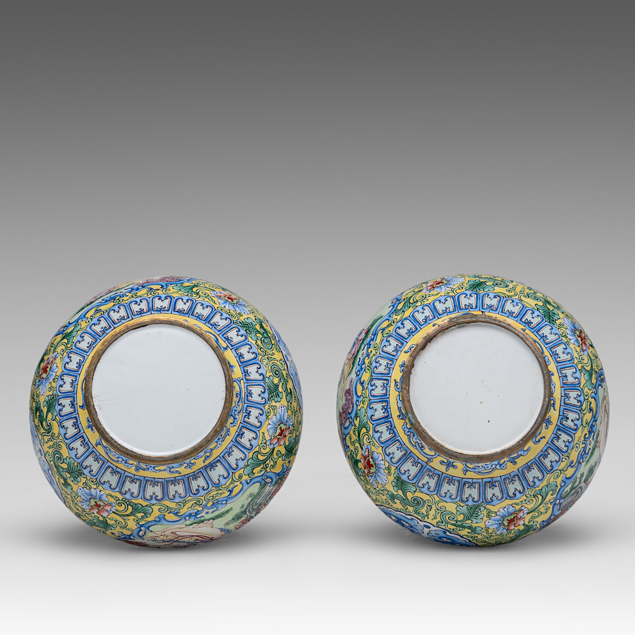 A small collection of two Chinese cloisonne narcissus planters and a pair of Canton enamelled double - Image 6 of 10