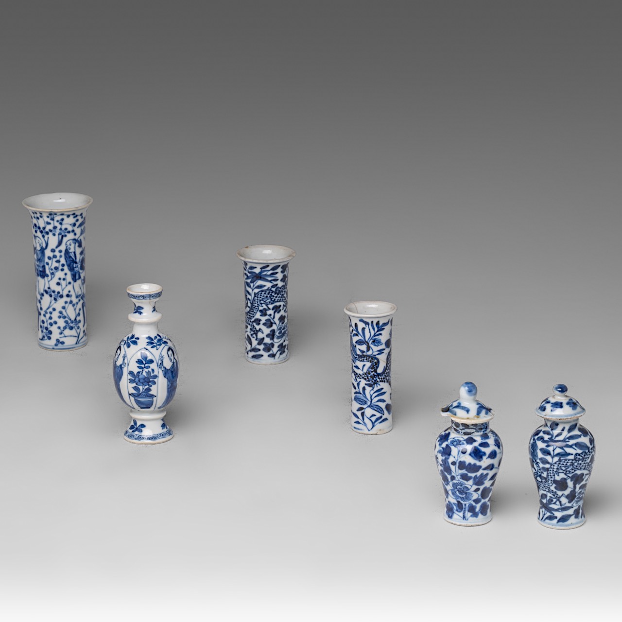 A Chinese blue and white 'Long Elisa' miniature vase, Kangxi period, H 11 cm - added an assembled fi - Image 3 of 9
