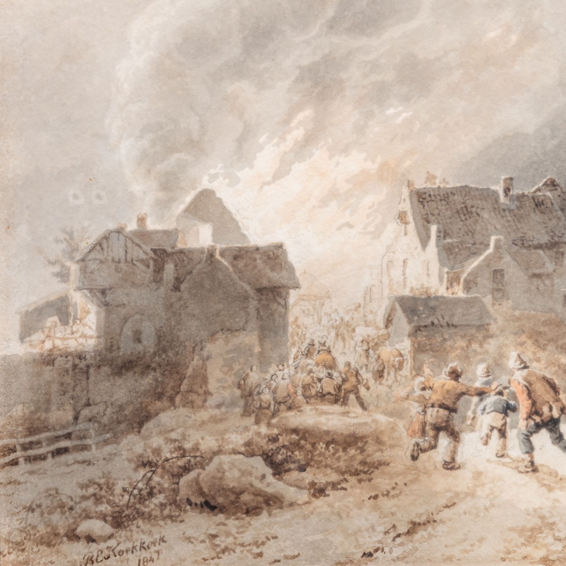 Barend Cornelis Koekoek (1803-1862), a rural village shocked by a fire, 1847, watercolour and pencil - Image 5 of 6