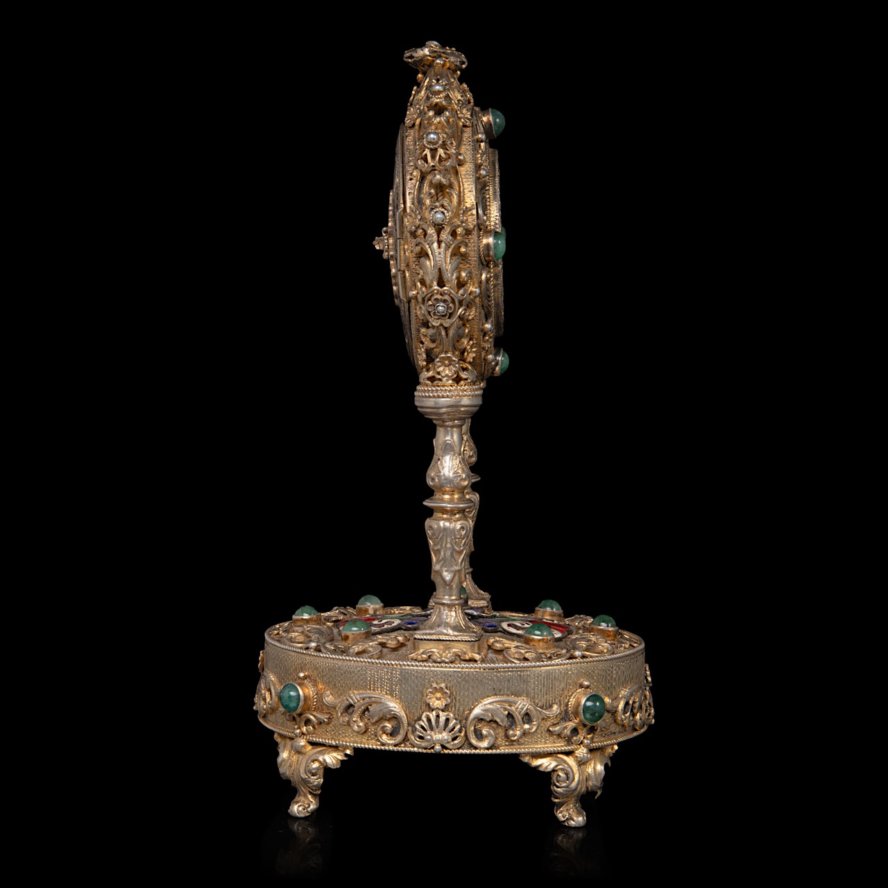 An Austrian gilt-silver and enamel clock with music box, decorated with semi-precious stones and mot - Image 5 of 7