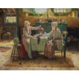 Edward Portielje (1861-1949), tea time, oil on canvas 50 x 70 cm. (19.6 x 27.5 in.), Frame: 81 x 94