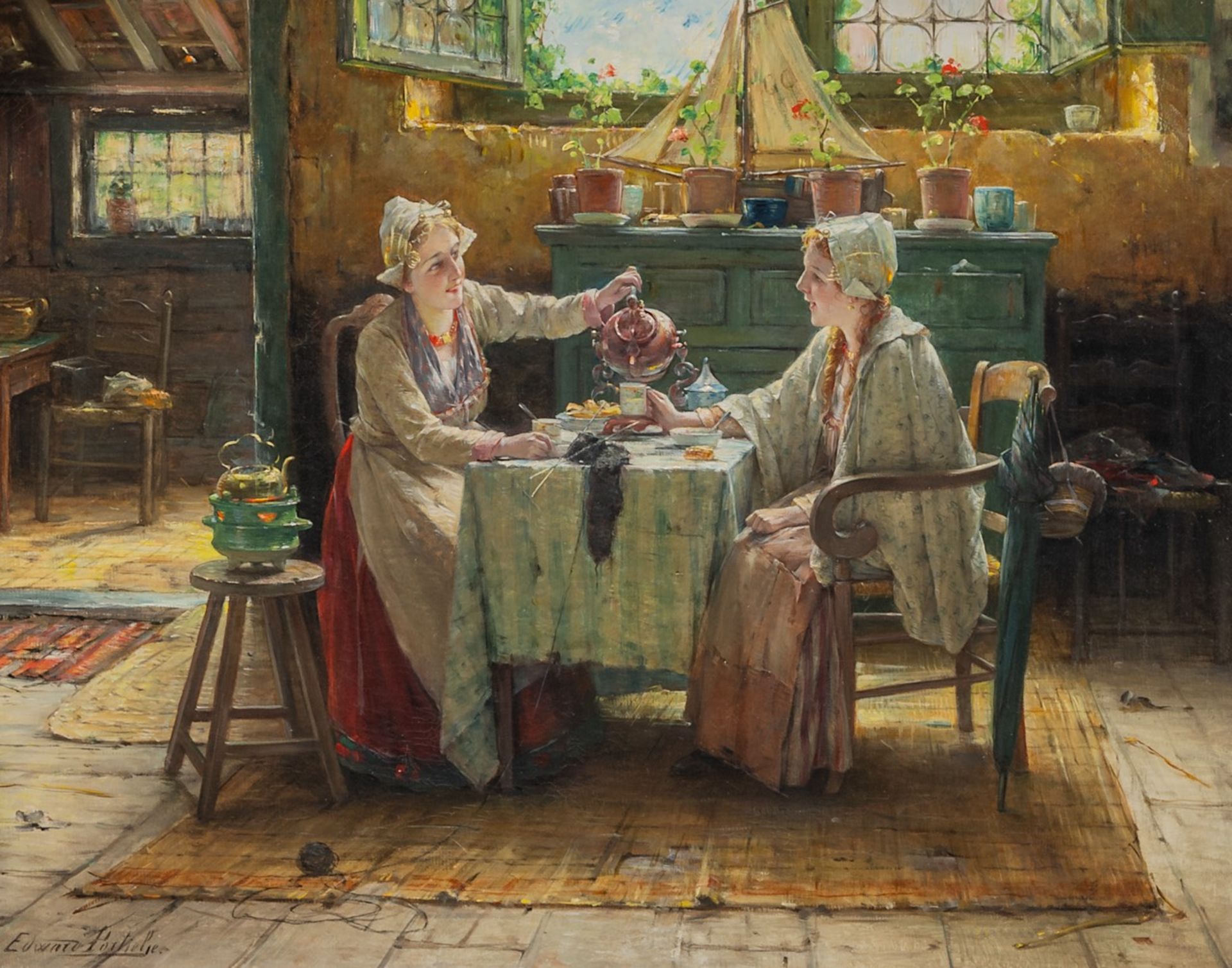 Edward Portielje (1861-1949), tea time, oil on canvas 50 x 70 cm. (19.6 x 27.5 in.), Frame: 81 x 94