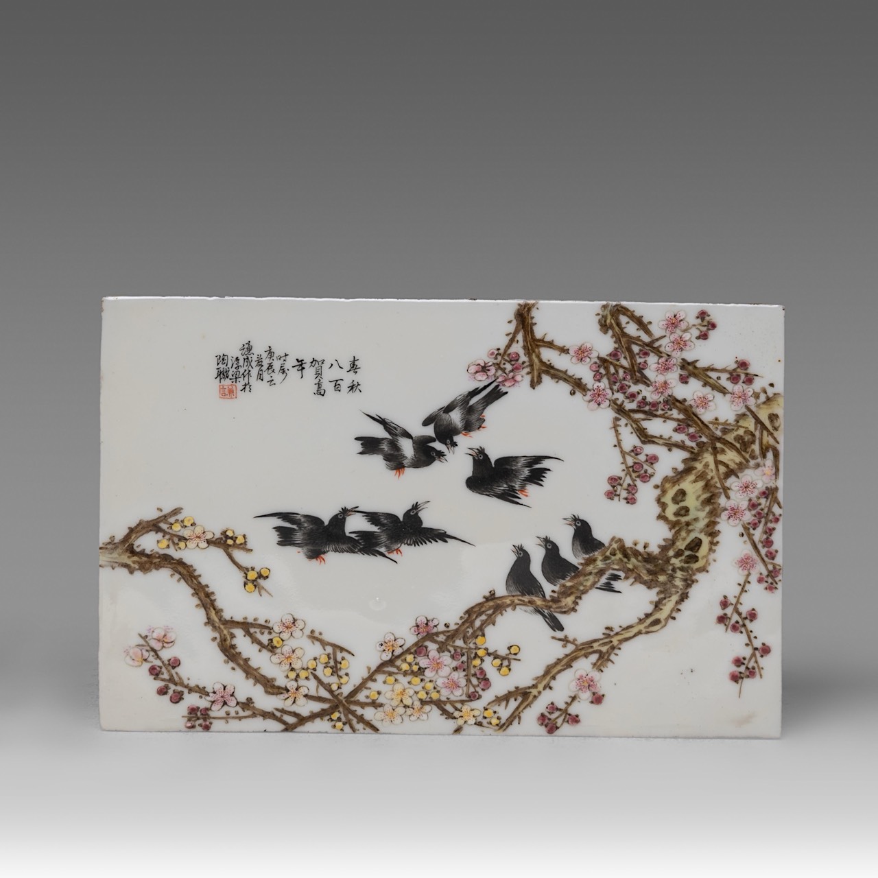Three Chinese enamelled and signed porcelain plaques, signatures reading Wang Da Cang/ Li Ming Liang - Image 9 of 10
