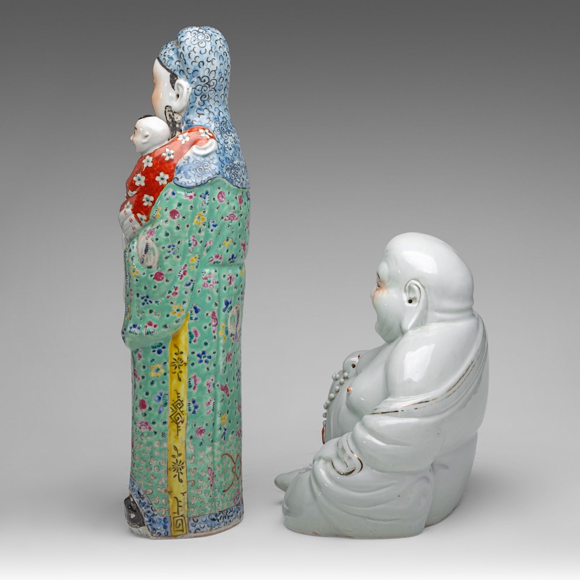 A Chinese famille rose enamelled biscuit figure of a smiling Budai and Fu Xing, one with an impresse - Image 10 of 14