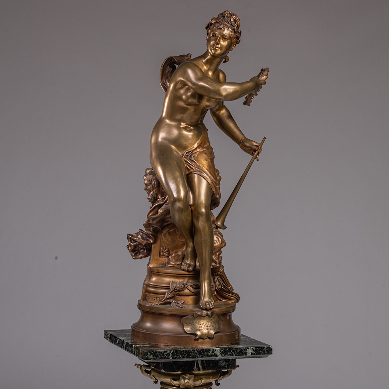 Adrien Etienne Gaudez (1845-1902), 'Gloire au travail', patinated bronze on a marble pedestal, H 169 - Image 3 of 18