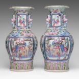 A fine pair of Chinese famille rose 'Beauties in a Chamber' vases, 19thC, H 44 cm