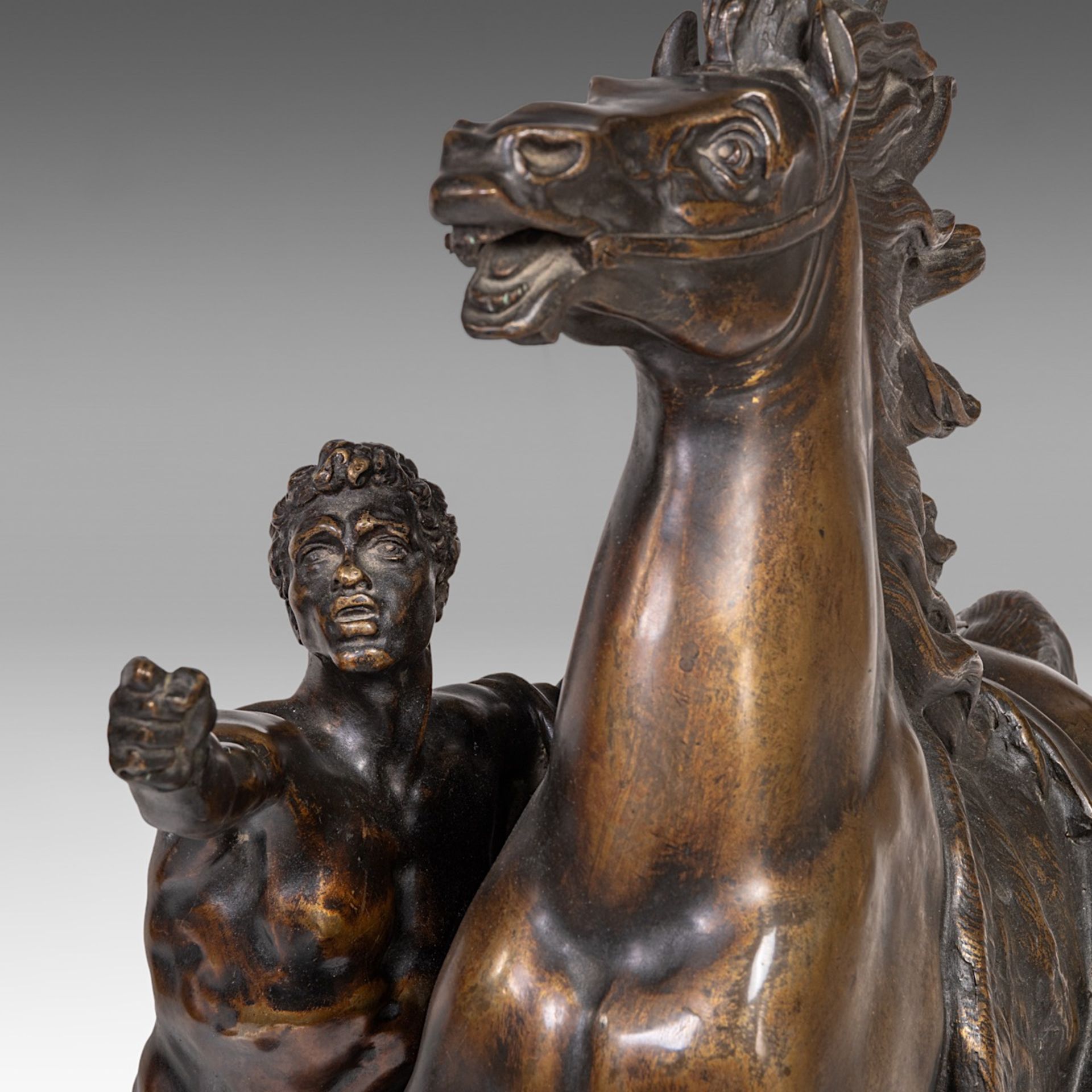 After Guillaume Coustou (1677-1746), the Marly horses, patinated bronze, H 58 cm - Image 9 of 10