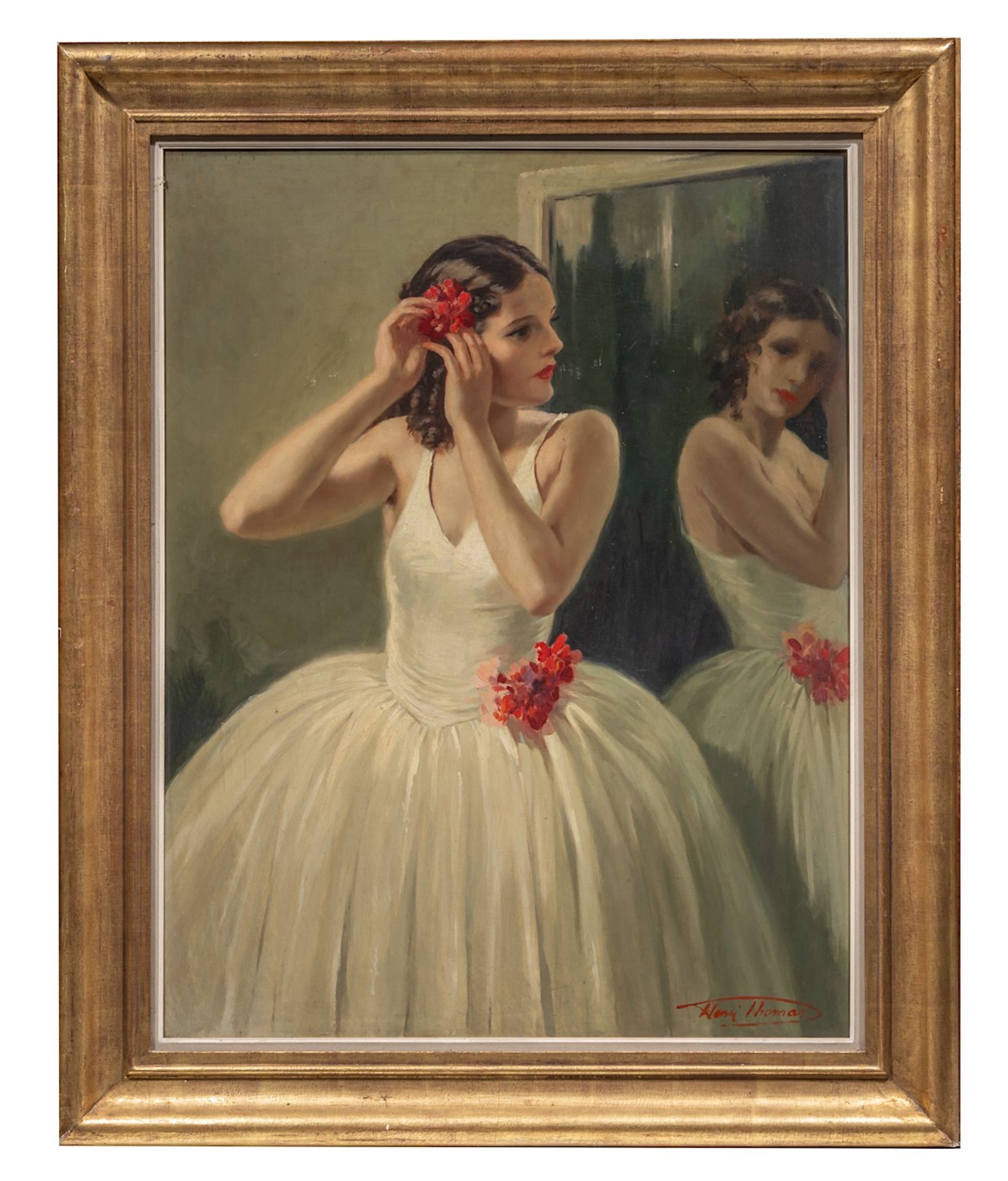 Henri Thomas (1878-1972), ballerina preparing herself for her act, oil on panel 90 x 70 cm. (35.4 x - Bild 2 aus 6