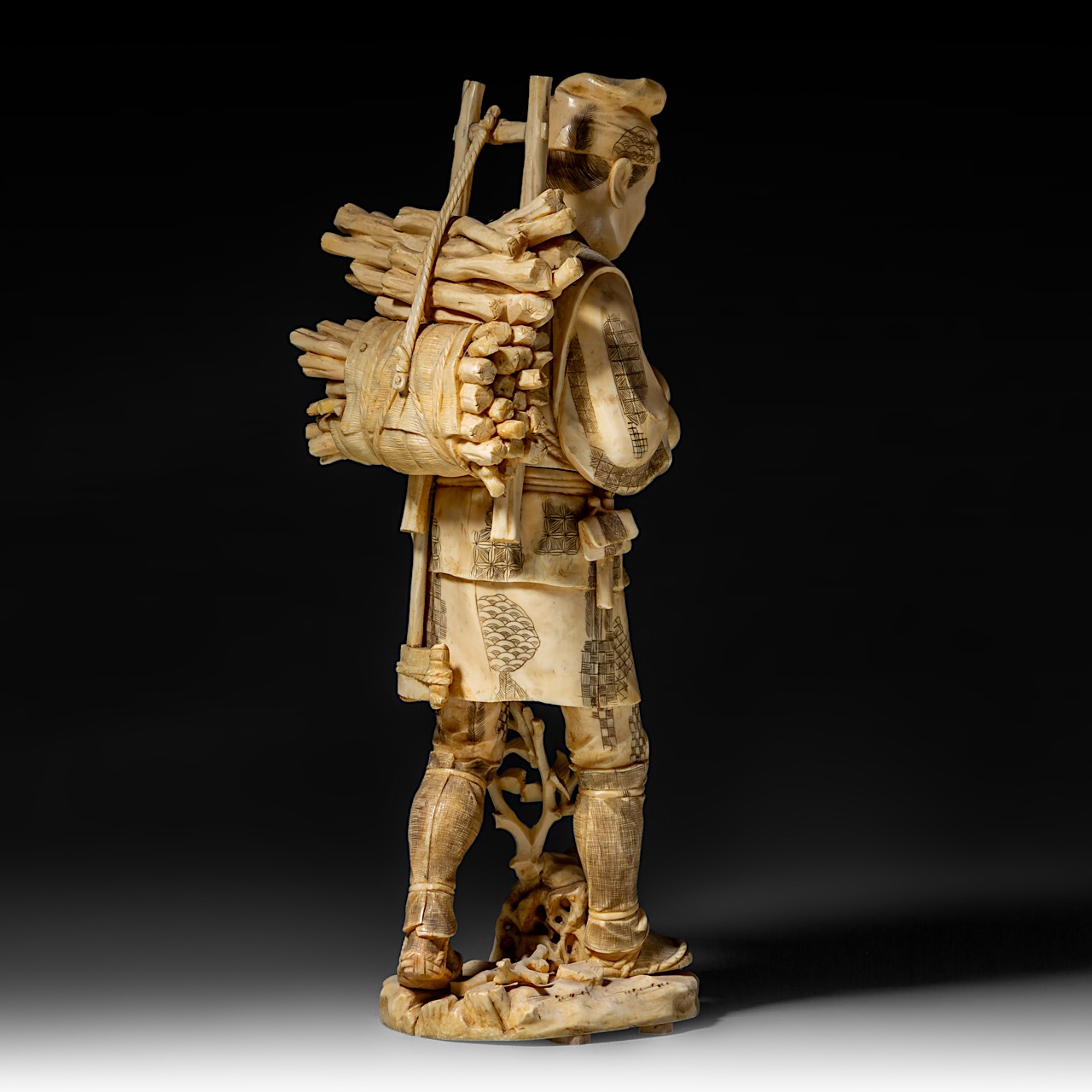 A large Japanese walrus ivory okimono of a wood gatherer drinking from a gourd flask, Meiji period ( - Image 6 of 10